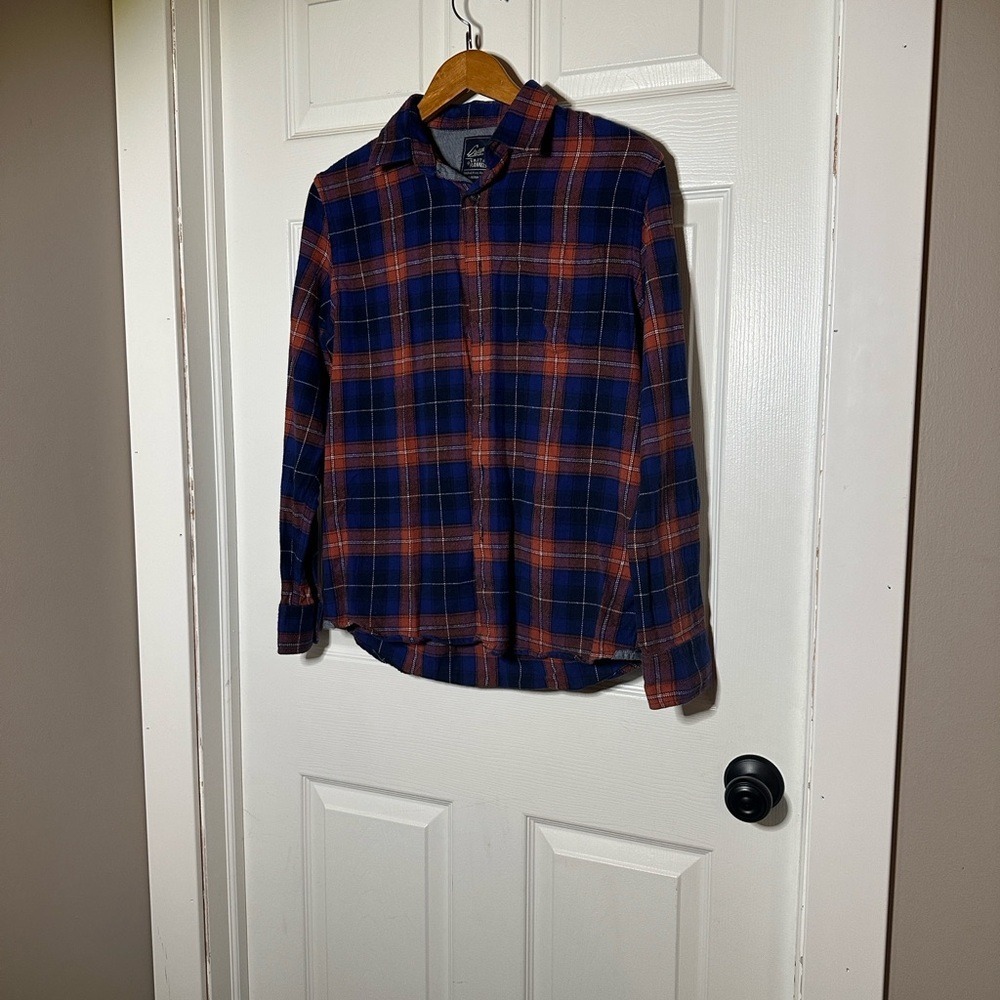 Grayers Heritage Flannel Mens S Navy Blue Rust Orange Plaid Button Down Shirt